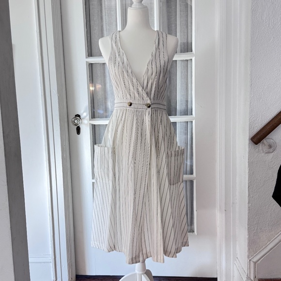 Free People V-neck Diana Wrap Midi Dress - White Pin-Striped Cotton, Small - Picture 3 of 7